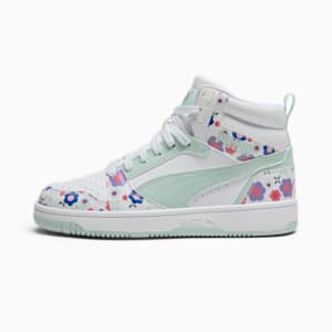 PUMA Rebound V6 Mid Flower Garden Big Kids' Sneakers, PUMA White-Peaceful Blue-Green Moon, extralarge