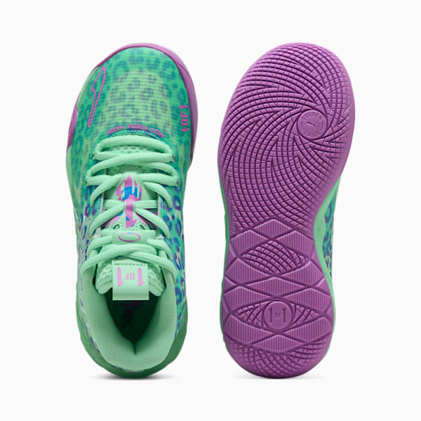 Tenis de básquet MB.01 Alien Safari para adolescentes, Green Glimmer-Pure Magenta-Hyperlink Blue, extralarge